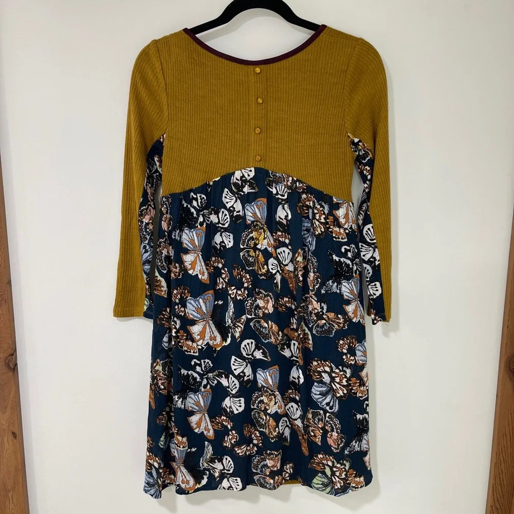 THML Butterfly Print‎ Mixed Media Dress Womens XS Mustard Yellow Ribbed | Boho